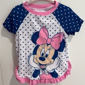 NWOT Disney Minnie Mouse 3T Girls White Blue Pink Polka Dot Swim Rashguard Shirt
